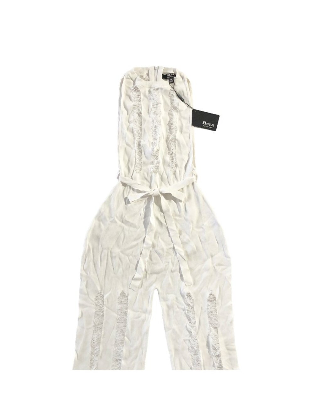 NWT Hera Jumpsuit Womens Size M White Shredded Texture Belted Waist Back Zip